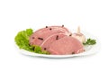 Raw beef steak with garlic and black pepper on ceramic plate Royalty Free Stock Photo