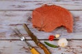 Raw beef steak with spice knife, garlic pepper on wooden table Royalty Free Stock Photo