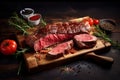 Raw beef steak with spices and herbs on a wooden board