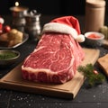 Raw beef steak wearing a Santa hat with Christmas tree twigs