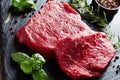 Raw beef steaks on a black slate tray Royalty Free Stock Photo