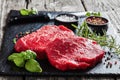 Raw beef steaks on a black slate tray Royalty Free Stock Photo