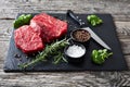 Raw beef steaks on a black slate tray Royalty Free Stock Photo