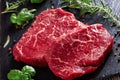 Raw beef steaks on a slate tray, close-up Royalty Free Stock Photo