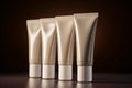 Raw of beige identical cream tubes. Generate ai Royalty Free Stock Photo