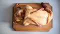 Raw bird carcass on a cutting board