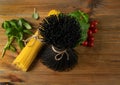 Raw Black Spaghetti, Dry Pasta with Cuttlefish Ink Royalty Free Stock Photo