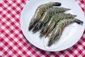 Raw black tiger prawns on a plate on red white tablecloth, view Royalty Free Stock Photo