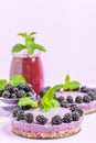 Raw blackberry dessert decorated with fresh ripe forest berries and green mint leaves and blended smoothie.