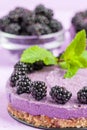 Raw blackberry dessert decorated with fresh ripe forest berries and green mint leaves on pastel violet background. Royalty Free Stock Photo