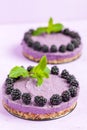 Raw blackberry dessert decorated with fresh ripe forest berries and green mint leaves on pastel violet background. Royalty Free Stock Photo