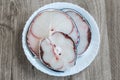 Raw blue shark meat on white plate