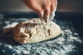 The raw bread dough lies on a dark baking tray. Homemade cake. Cooking