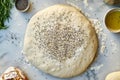 Raw bread dough sits on a marble surface, generously sprinkled with seeds before baking. Surrounding ingredients include Royalty Free Stock Photo