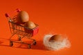 chicken eggs in the cart for groceries, shopping. Happy Easter. preparation for the spring holiday.