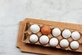 Raw brown and white chicken eggs in a cassette on a wooden cutting board on a light gray background Royalty Free Stock Photo