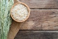 Raw brown whole grain semi-milled rice in wood bowl with paddy on gunny sack cloth on wooden table Royalty Free Stock Photo