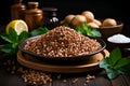 Raw buckwheat in a bowl on a wooden background. Organic cerea Royalty Free Stock Photo