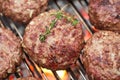 Raw burgers on bbq barbecue grill with fire Royalty Free Stock Photo