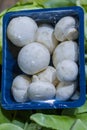 Raw button mushrooms of white color are packed in plastic container for selling and preservation at market store. Freshly Royalty Free Stock Photo