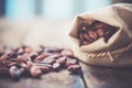 raw cacao beans in a rustic burlap sack Royalty Free Stock Photo