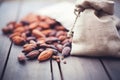 raw cacao beans in a rustic burlap sack Royalty Free Stock Photo