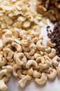 Raw cacao, sliced almonds, walnut, cashew Royalty Free Stock Photo