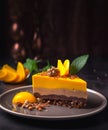 Raw-cake based on nuts, carob, mango and passion fruit. Gourmet vegan food, beautifully laid out on plate. Close-up