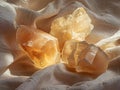 Raw calcite crystals with translucent facets on a textured fabric, illuminated by warm natural light Royalty Free Stock Photo
