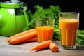 raw carrots, a juicer, and a glass of juice