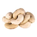 Raw cashew nuts stacked in a pile and isolated on white background, closeup, detailed texture of walnut skin