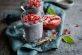 Raw chia pudding with pomegranate seeds Royalty Free Stock Photo