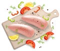 Chicken breast fillets on cutting board, vector realistic illustration