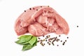 Raw chicken breast fillets skinned, bay leaves , isolated on white with clipping path