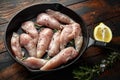 Raw chicken breast mini fillets in rastic cast iron skillet, frying pan with herbs and sea salt Royalty Free Stock Photo