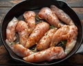 Raw chicken breast mini fillets in rastic cast iron skillet, frying pan with herbs and sea salt Royalty Free Stock Photo