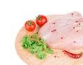 Raw chicken breast on wooden platter. Royalty Free Stock Photo