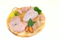 Raw chicken on a cutting board decorated with turmeric and lemon is isolated white background Royalty Free Stock Photo