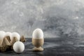 Raw chicken egg in eggcup with eggbox on a marble background Royalty Free Stock Photo