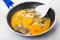 Raw chicken eggs with fried mushrooms, spoon in frying pan