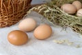 Raw chicken eggs with wicker basket and hay nest at the background. Natural healthy food