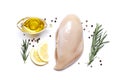 Raw chicken filet with rosemary, lemon, oil, pepper isolated on a white