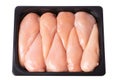 Raw chicken fillet in a packing tray. Lots of fresh skinless chicken fillets in a plastic tray in a supermarket. Raw chicken