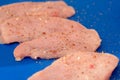 Raw chicken fillets on plastic cutting board. Sliced and seasoned uncooked meat. Ready-to-cook full frame background. Meal prepari Royalty Free Stock Photo