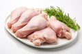Raw chicken fillets on a plate with dill on a white background Ai generative