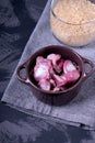 Raw chicken gizzards and rice ready to be cooked Royalty Free Stock Photo