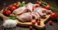 Raw Chicken Legs Arranged on Wood with Cherry Tomatoes, Pepper, Onion, and Basil Royalty Free Stock Photo