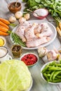 Raw chicken legs with assortment spices and vegetables Royalty Free Stock Photo