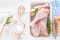 Raw chicken legs, fresh poultry drumsticks on white wooden table Royalty Free Stock Photo