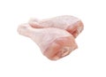 Raw chicken legs isolated on a white background. Two legs for cooking. Close up. Side view.